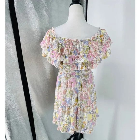 White Floral Print Short Sleeve Off Shoulder Ruffle Tiered Mini Dress - Picture 14 of 15